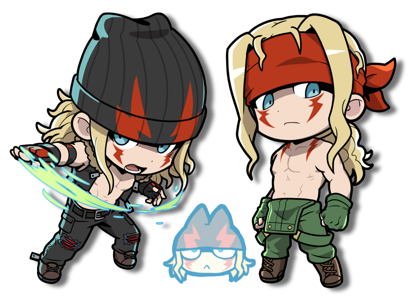 1boy 2boys :&lt; alex_(street_fighter) bandana beanie black_pants blonde_hair blood blood_on_clothes blood_on_face blue_eyes boots chibi facial_mark fingerless_gloves gloves hat headband highres holding holding_weapon injury jacket long_hair male_focus multiple_boys open_mouth pants pectorals sach56000 standing street_fighter street_fighter_iii_(series) tattoo topless_male vest weapon