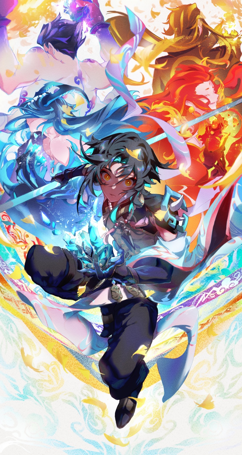 2girls 3boys absurdres aqua_hair arm_tattoo bead_necklace beads black_hair blue_hair bonanus_(genshin_impact) bosacius_(genshin_impact) broken_mask closed_eyes closed_mouth commentary_request extra_arms facial_mark flexing forehead_mark genshin_impact gloves highres hnzwakira holding holding_mask holding_weapon horns indarias_(genshin_impact) jewelry leaf long_hair looking_at_viewer mask menogias_(genshin_impact) multicolored_hair multiple_boys multiple_girls necklace orange_eyes orange_hair parted_lips polearm purple_hair red_hair tattoo toned toned_male weapon xiao_(genshin_impact)