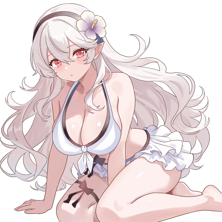1girl absurdres bare_legs bikini black_hairband blush breasts cleavage female_corrin_(fire_emblem) female_corrin_(novice_vacationer)_(fire_emblem) fire_emblem fire_emblem_fates fire_emblem_heroes flower grey_hair hair_between_eyes hair_flower hair_ornament hairband highres large_breasts long_hair looking_at_viewer n_54 nintendo official_alternate_costume pointy_ears red_eyes sideboob skindentation solo swimsuit transparent_background white_bikini