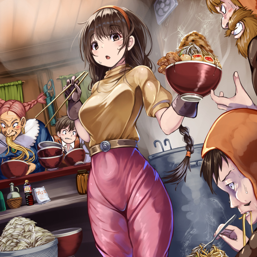 2girls 3boys beard belt bowl braid breasts brown_eyes brown_hair charles_(laputa) chopsticks cowboy_shot dola_(laputa) dutch_angle facial_hair food food_in_mouth from_below gloves hairband highres hood jirou_(ramen) kitchen long_hair looking_at_viewer louis_(laputa) medium_breasts monikano multiple_boys multiple_girls old old_woman open_mouth pants pazu pink_hair pink_pants puffy_sleeves sheeta shirt shirt_tucked_in short_sleeves steam studio_ghibli tenkuu_no_shiro_laputa twin_braids twintails yellow_shirt