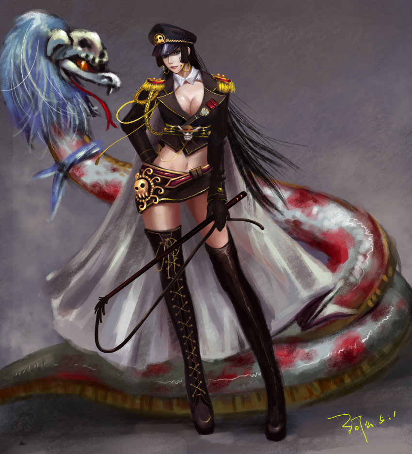 1girl absurdres alternate_costume animal asymmetrical_footwear badge belt black_gloves black_hair blue_eyes boa_hancock boots breasts cape cleavage earrings epaulettes fangs forked_tongue gloves grey_background hand_on_own_hip hat highres holding holding_whip jewelry jolly_roger large_breasts lipstick ljjshmhday long_hair makeup microskirt midriff mismatched_footwear navel one_piece peaked_cap salome_(one_piece) signature skirt skull smile snake snake_earrings straw_hats_jolly_roger thigh_boots thighhighs tongue white_cape