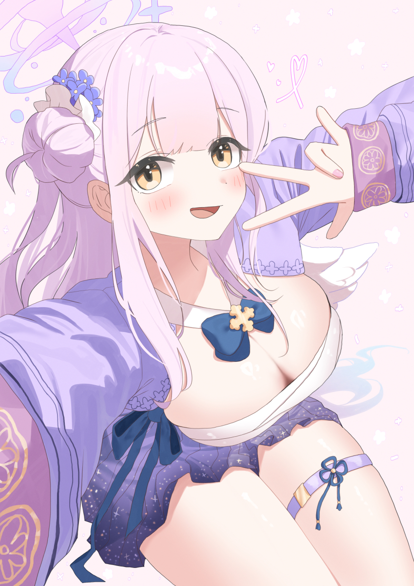 1girl :d absurdres alternate_costume blue_archive blue_bow blue_bowtie blue_flower blunt_bangs blush bow bowtie breasts cleavage commentary cowboy_shot flower hair_bun hair_flower hair_ornament halo hanbok hands_up happy heart heart_of_string highres korean_clothes korean_commentary large_breasts long_hair looking_at_viewer mang_722 mika_(blue_archive) miniskirt nail_polish open_clothes open_mouth open_shirt pink_background pink_hair pink_halo pink_nails print_skirt purple_shirt purple_skirt sarashi selfie shiny_skin shirt simple_background single_side_bun sitting skindentation skirt sleeves_past_wrists smile solo star_(symbol) starry_sky_print thigh_strap thighs v very_long_hair yellow_eyes