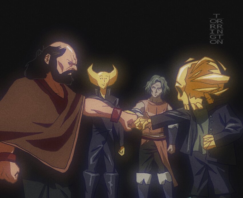 4boys artist_logo artist_name bald bare_shoulders beard black_background black_hair black_jacket black_pants boots bracer brad_armstrong brown_poncho brown_vest brutal_orchestra cahara_(fear_&amp;_hunger) colored_skin commentary crossover facial_hair fear_&amp;_hunger fear_&amp;_hunger_(series) fear_&amp;_hunger_1 fist_bump grey_hair horns hylics jacket lisa_(series) lisa_the_painful logo multiple_boys nowak_(brutal_orchestra) open_clothes open_jacket outstretched_arm pants poncho simple_background skull standing torrrington vest wayne_(hylics) wristband yellow_skin