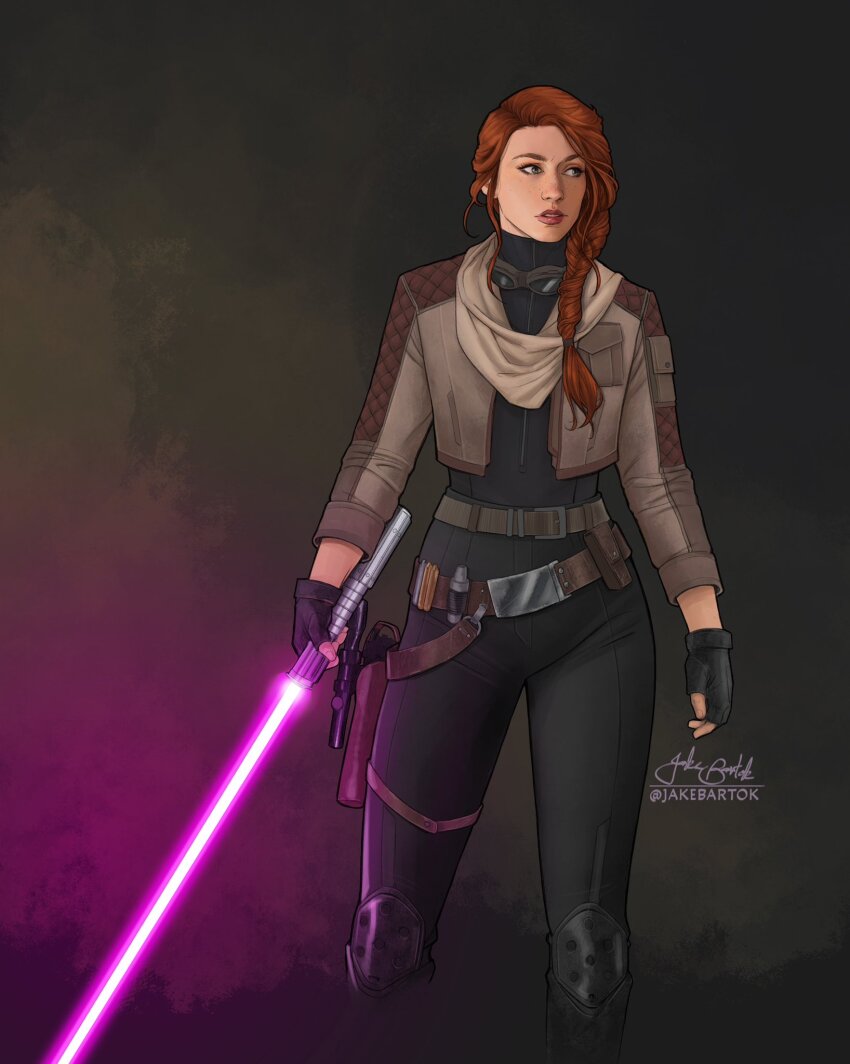 1girl artist_name belt black_bodysuit black_gloves bodysuit brown_jacket commentary cropped_jacket energy_sword english_commentary fingerless_gloves gloves goggles goggles_around_neck green_eyes grey_scarf highres holding holding_sword holding_weapon holster jacket jr_bartok lightsaber long_hair looking_to_the_side mara_jade open_clothes open_jacket orange_hair ponytail purple_lightsaber scarf signature solo standing star_wars sword thigh_holster weapon