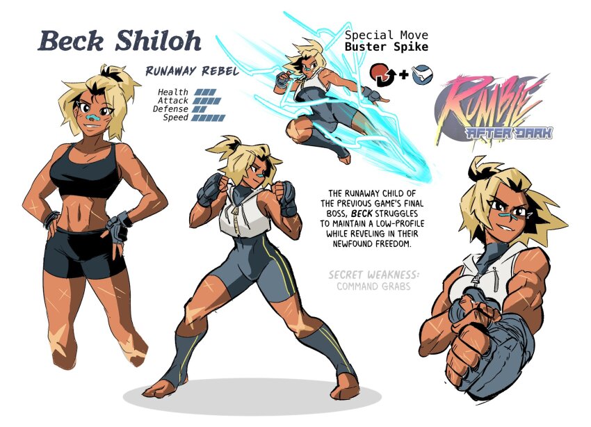 1girl bandaid bandaid_on_face barefoot beck_shiloh bike_shorts black_eyes black_shorts black_sports_bra blonde_hair bodysuit character_name character_profile commentary copyright_logo copyright_name cropped_legs english_commentary english_text fighting_stance fingerless_gloves flying_kick gloves grey_bodysuit grey_leg_warmers hands_on_own_hips highres hood hoodie kicking leg_warmers lightning looking_at_viewer medium_hair multicolored_hair multiple_views parted_lips roots_(hair) rumble_after_dark scar scar_on_arm scar_on_leg shorts simple_background sleeveless sleeveless_hoodie spicymancer sports_bra stats tan toned toned_female white_background white_hoodie