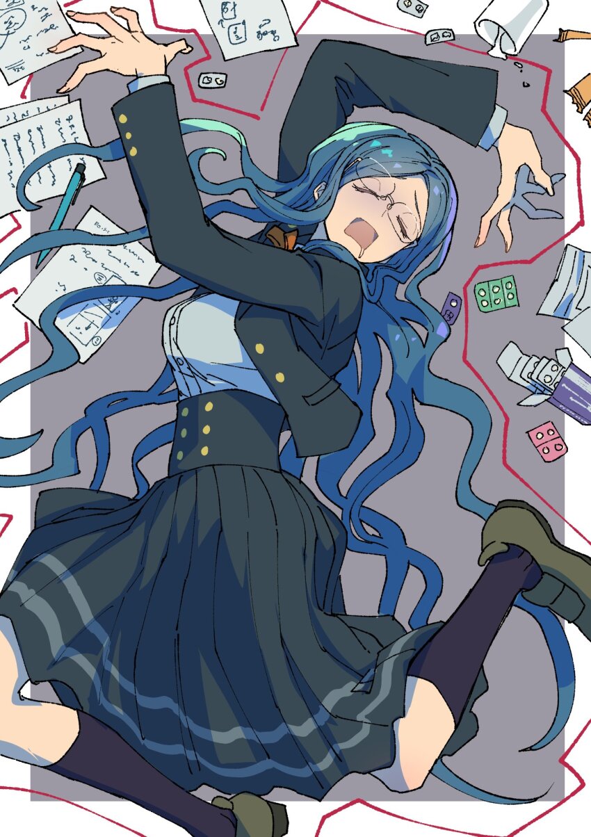 1girl black_jacket blister_pack blue_corset blue_hair bow bowtie breasts collared_jacket corset danganronpa_(series) danganronpa_v3:_killing_harmony drooling eyelashes glasses highres jacket kneehighs long_hair long_skirt long_sleeves open_mouth orange_bow orange_bowtie orange_ribbon paper pen pleated_skirt ribbon school_uniform shirogane_tsumugi shirt skirt sleeping socks sprawled very_long_hair wavy_hair white_shirt youko-shima