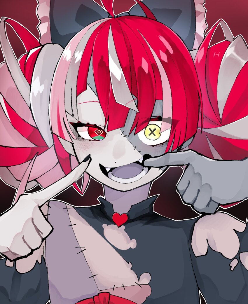 1girl absurdres azvpql8mzb9505 black_nails bow colored_skin fangs finger_in_own_mouth hair_bow highres hololive hololive_indonesia kureiji_ollie kureiji_ollie_(1st_costume) multicolored_hair multicolored_skin open_mouth simple_background stitched_face stitches teeth torn_clothes zombie