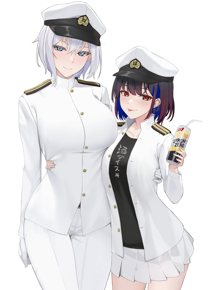 2girls absurdres beer_can bendy_straw black_hair black_shirt blue_eyes can colored_inner_hair drink_can drinking_straw ear_piercing earrings epaulettes female_admiral_(kancolle) grey_hair hat highres holding holding_can jewelry kantai_collection military military_hat military_uniform multicolored_hair multiple_girls naval_uniform naval_working_uniform pants peaked_cap piercing red_eyes shirt short_hair simple_background skirt smile strong_zero takaman_(gaffe) tongue tongue_out white_background