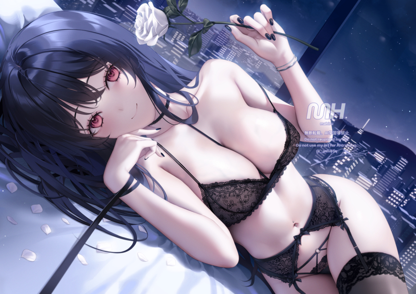 1girl barbell_piercing bare_shoulders bed black_bra black_garter_belt black_hair black_nails black_panties black_thighhighs bra breasts closed_mouth collarbone commentary fingernails flower garter_belt holding holding_flower indoors large_breasts leash lingerie long_hair looking_at_viewer lying mhru nail_polish navel navel_piercing night on_bed on_side original paid_reward_available panties piercing pillow pov pov_across_bed red_eyes rose smile solo stomach strap_slip thighhighs thighs underwear viewer_on_leash white_flower white_rose window