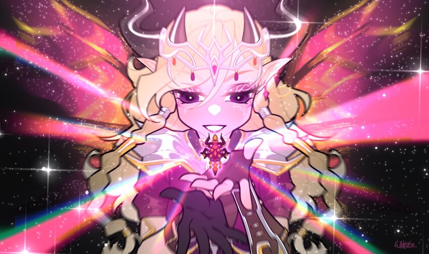 1girl armor asymmetrical_gloves believix black_background black_gloves black_horns black_shirt bottle bracer braid circlet commentary commission demon_horns diamond_earrings earrings english_commentary eyeshadow facepaint fairy_wings fingerless_gloves floating_hair glitter gloves glowing hair_between_eyes hair_tubes happy highres horns jewelry light_particles light_rays looking_at_object magical_girl makeup mismatched_gloves object_floating_above_hand original pauldrons pink_wings pointy_ears purple_eyes purple_eyeshadow shirt short_sleeves shoulder_armor side_braids signature silk single_fingerless_glove solo sparkle spider_web straight-on swept_bangs twin_braids upper_body wikate wings winx_club ych_commission