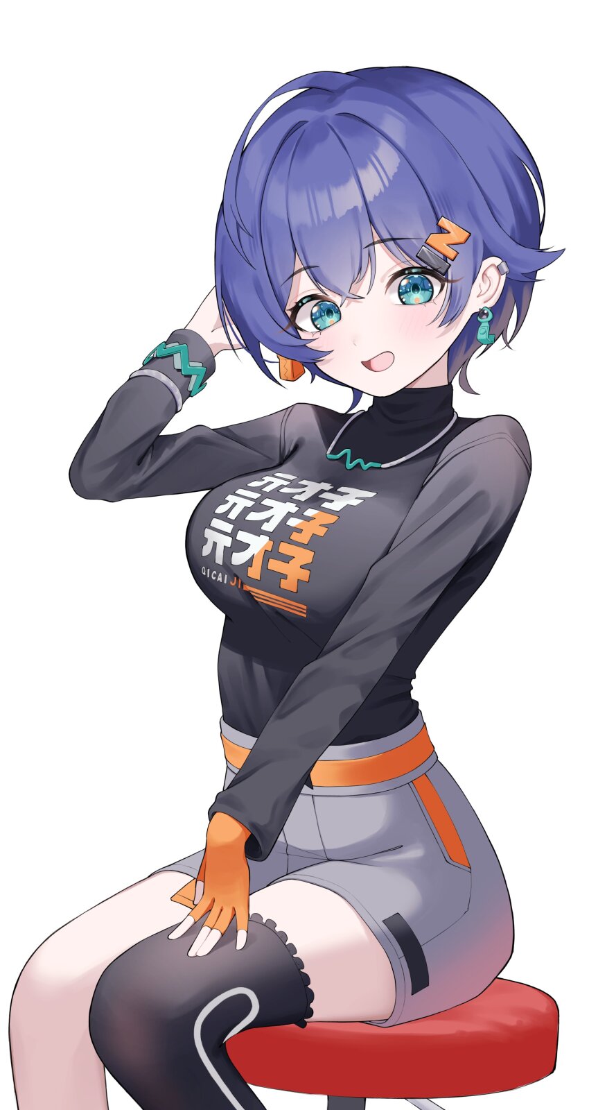 1girl absurdres belle_(zenless_zone_zero) black_shirt black_thighhighs blue_eyes blue_hair breasts clothes_writing commentary dege_(demian_gershung) earrings fingerless_gloves gloves grey_shorts hand_up highres jewelry long_sleeves looking_at_viewer medium_breasts open_mouth shirt shirt_tucked_in short_hair short_shorts shorts simple_background single_glove single_thighhigh sitting smile solo stool thighhighs white_background zenless_zone_zero