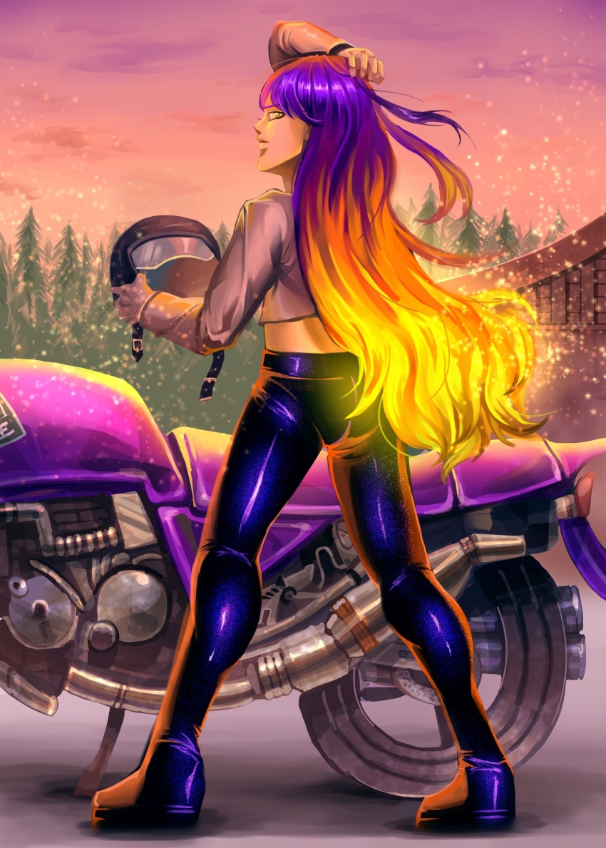 1girl alternate_costume androgynous back bad_id bad_pixiv_id black_pants black_shoes blonde_hair building crop_top female_focus forest from_behind full_body gloves gradient_hair gradient_sky hand_on_own_head helmet highres hijiri_byakuren holding holding_helmet leather leather_pants light_particles long_hair long_sleeves looking_afar looking_back man_face motor_vehicle motorcycle multicolored_hair nature orange_hair pants parted_lips pink_sky purple_hair shiny_clothes shirt shoes single_glove sky solo standing touhou tree twilight very_long_hair wadohime white_gloves white_shirt wind