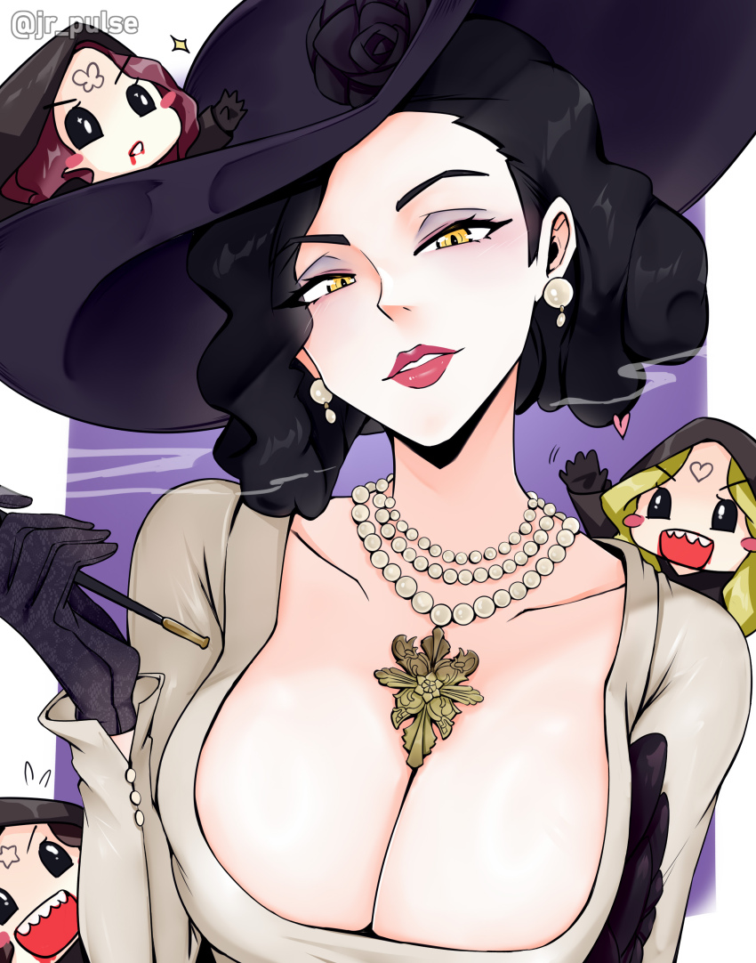 4girls absurdres alcina_dimitrescu bela_dimitrescu black_flower black_gloves black_hair black_rose blonde_hair breasts cassandra_dimitrescu cigarette_holder daniela_dimitrescu dress earrings flower gloves hat highres jewelry jrpulse large_breasts long_hair long_sleeves mature_female mother_and_daughter multiple_girls necklace pearl_earrings pearl_necklace red_lips resident_evil resident_evil_village rose sun_hat white_dress yellow_eyes