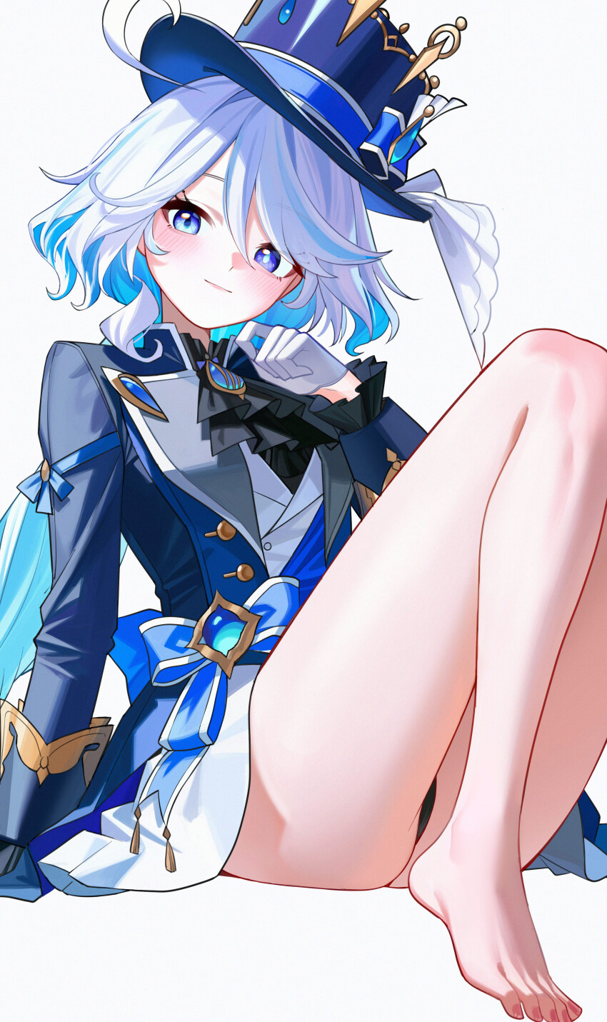 1girl absurdres ahoge ascot barefoot black_ascot blue_bow blue_eyes blue_gemstone blue_hair blue_hat blue_jacket blue_pupils blush bow chinese_commentary colored_inner_hair commentary_request drop-shaped_pupils foot_out_of_frame furina_(genshin_impact) gem genshin_impact gloves hair_between_eyes hand_up hat heterochromia highres jacket light_smile long_sleeves looking_at_viewer medium_hair multicolored_hair ouji_fashion simple_background sitting solo symbol-shaped_pupils teardrop-shaped_gem toenails white_background white_gloves white_hair yueyueyue_yao