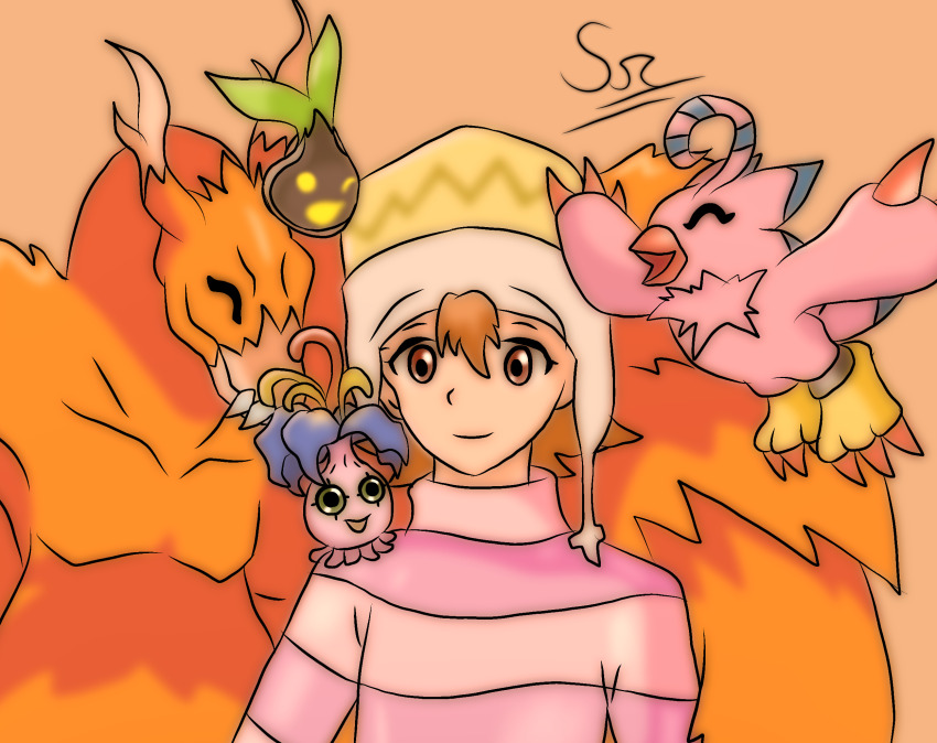 birdramon digimon digimon_(creature) digimon_adventure digimon_adventure:_bokura_no_war_game highres nyokimon orange_hair petals piyomon pyocomon sharp_teeth smile teeth wings