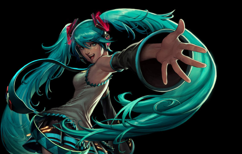alvin_lee armpits colored detached_sleeves foreshortening hatsune_miku headphones headset long_hair looking_back necktie open_mouth outstretched_arm simple_background skirt solo twintails very_long_hair vocaloid