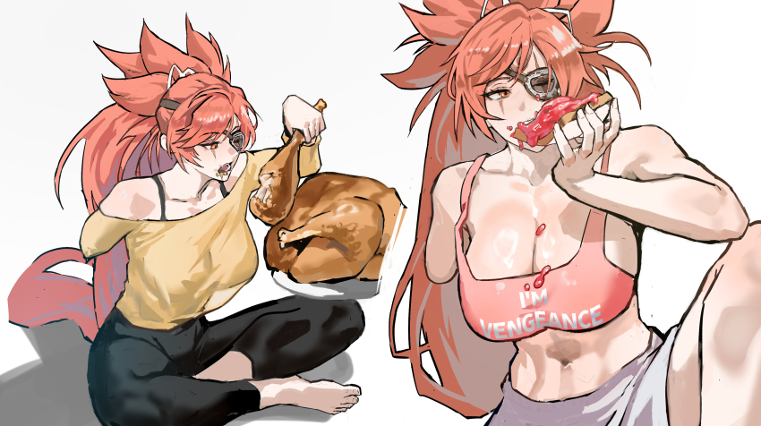 1girl absurdres amputee baiken bread bread_slice breasts chicken_(food) clothes_writing commentary drumsticks english_commentary eyepatch food food_on_body food_on_breasts food_on_clothes guilty_gear highres holding holding_food large_breasts navel park_ongjol pink_hair ponytail scar scar_across_eye scar_on_face solo white_background