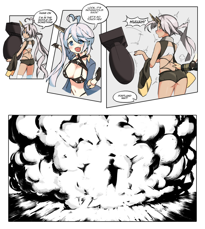 1boy 2girls ahoge ass azur_lane back bandeau bikini black_bikini black_shorts blue_eyes blue_shirt blush bomb breasts brown_eyes cleavage comic commander_(azur_lane) commentary dark-skinned_female dark_skin dropping english_commentary english_text explosion explosive fang grey_hair heart heart-shaped_pupils heart_ahoge heterochromia highres holding holding_bomb horns indianapolis_(azur_lane) large_breasts long_hair mechanical_horns multiple_girls nuclear_weapon open_mouth parallelrey pointing pointing_at_another portland_(azur_lane) portland_(retrofit)_(azur_lane) retrofit_(azur_lane) shirt shorts siblings side_ponytail sisters skin_fang smile surprised swimsuit symbol-shaped_pupils thighhighs touching_another&#039;s_back turtleneck twintails underboob upper_body very_long_hair white_bandeau white_hair white_thighhighs