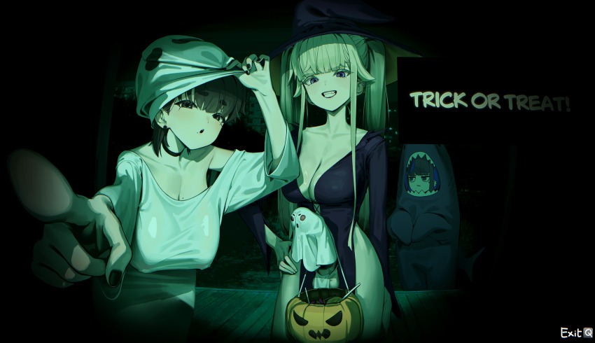 1futa 2girls :o :| absurdres animal_costume barbell_piercing black_choker black_dress black_hair black_nails blonde_hair breasts choker cleavage clenched_teeth closed_mouth collarbone covered_erect_nipples covered_penis covered_piercing covered_testicles dress ear_piercing earrings enid_(tagua) erection futanari ghost_costume half-closed_eyes hanging_breasts hat highleg highleg_dress highres huge_breasts jewelry large_breasts long_hair long_sleeves looking_at_viewer mole mole_on_breast mole_under_eye mole_under_mouth multiple_girls night nipple_piercing no_i&#039;m_not_a_human original parody pelvic_curtain perspective piercing pointing pointing_at_viewer purple_eyes rene_(tagua) shark_costume short_hair sidelocks tagua teeth testicles thick_eyebrows thighs trick_or_treat twintails witch_hat