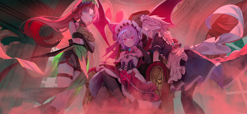 3girls apron arms_under_breasts bandaged_arm bandages bare_shoulders bat_wings beret black_boots black_bow black_corset black_gloves black_pantyhose black_shorts blue_eyes boots bow braid breasts bridal_gauntlets china_dress chinese_clothes cleavage cleavage_cutout closed_mouth clothing_cutout commentary_request corset crossed_arms dress elbow_gloves floating_hair game_cg gloves green_dress green_hat grey_hair hat hat_ornament hong_meiling indoors izayoi_sakuya large_breasts long_hair looking_at_viewer maid_headdress medium_hair mob_cap multiple_girls off-shoulder_dress off_shoulder official_art pantyhose parted_bangs pelvic_curtain ponytail puffy_short_sleeves puffy_sleeves purple_hair red_eyes red_hair remilia_scarlet saraki short_hair short_sleeves shorts shorts_under_dress side_braids sideways_glance single_glove sitting star_(symbol) star_hat_ornament thigh_strap third-party_source touhou touhou_gensou_eclipse very_long_hair waist_apron white_apron wings
