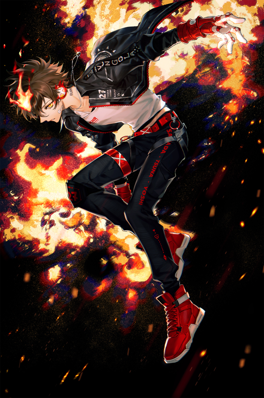 1boy belt black_background black_jacket black_pants brown_hair collarbone fingerless_gloves fire full_body gloves glowing headphones highres jacket jewelry katekyo_hitman_reborn! long_sleeves looking_at_viewer male_focus open_clothes open_jacket pants red_gloves ru_(famia) sawada_tsunayoshi shirt shoes short_hair sneakers solo white_shirt yellow_eyes