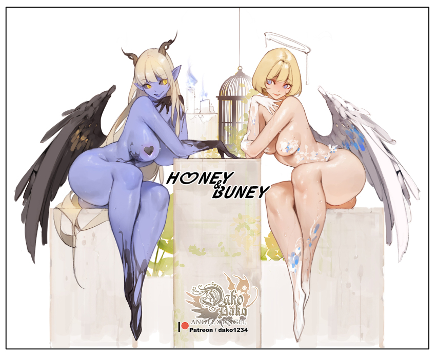 2girls angel angel_and_devil angel_wings birdcage blonde_hair breasts cage candle colored_skin demon_girl demon_horns halo heart_pasties highres horns hu_dako large_breasts long_hair multiple_girls nude original pasties patreon_username pointy_ears purple_skin sitting very_long_hair white_background wings