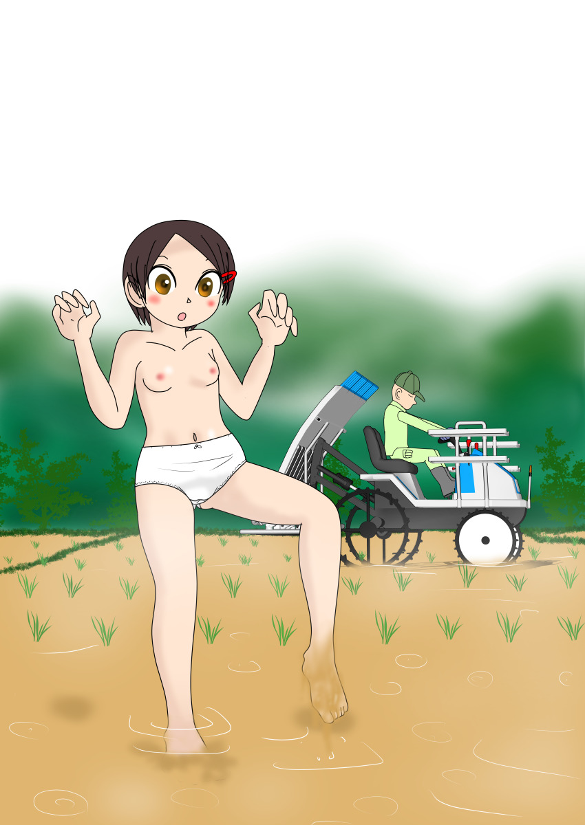1boy 1girl barefoot baseball_cap blush boots bow bow_panties breasts brown_eyes brown_hair closed_eyes collarbone crotch_seam dirty dirty_feet driving grass green_hat green_pants green_shirt grey_boots hair_ornament hairclip hat loli long_sleeves looking_down navel nipples open_mouth original panties pants rice_planting rice_transplanter sexless2012 shirt short_hair sky small_breasts standing standing_on_one_leg topless_female tractor tree underwear wading water white_bow white_panties