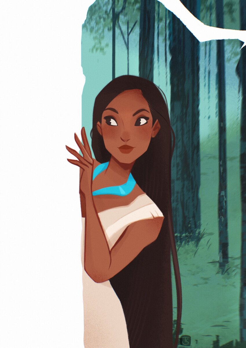 1girl black_hair brown_eyes dark-skinned_female dark_skin day dress forest grass highres jewelry long_hair looking_to_the_side native_american nature necklace outdoors pocahontas_(disney) pocahontas_(movie) solo tanisketch tree