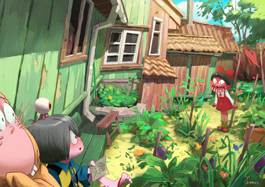 1girl absurdres angry aymeric_kevin bow building character_request child commentary day dress english_commentary flower garden gegege_no_kitarou grass highres house long_sleeves open_mouth outdoors plant potted_plant red_dress scenery sharp_teeth shirt short_hair sky teeth tree window