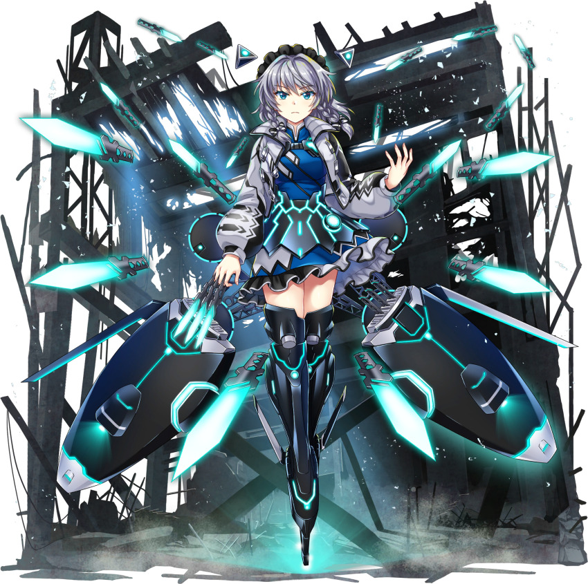 1girl alternate_costume alternate_headwear_color armor armored_skirt between_fingers black_bow black_headdress black_jacket blue_dress blue_eyes bow braid breasts closed_mouth dress drone flight_pack game_cg glowing glowing_weapon greaves grey_hair grey_jacket highres holding holding_knife izayoi_sakuya izayoi_sakuya_(lunar_war_servant) jacket knife knives_between_fingers long_hair long_sleeves looking_at_viewer machinery maid_headdress multicolored_jacket neon_trim official_art open_clothes open_jacket puffy_long_sleeves puffy_sleeves rotte_(1109) science_fiction serious side_braid skirt solo third-party_source touhou touhou_lostword transparent_background twin_braids two-tone_jacket weapon wind wind_lift