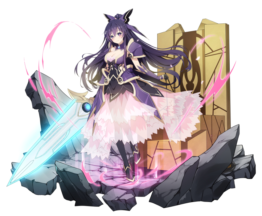 1girl armor armored_dress bow breasts brooch cleavage date_a_live dress eversoul glowing glowing_sword glowing_weapon ground_shatter hair_bow jewelry long_hair looking_at_viewer medium_breasts official_art purple_armor purple_eyes purple_hair see-through_clothes see-through_dress shoulder_armor smile solo sword tachi-e third-party_source throne weapon yatogami_tohka