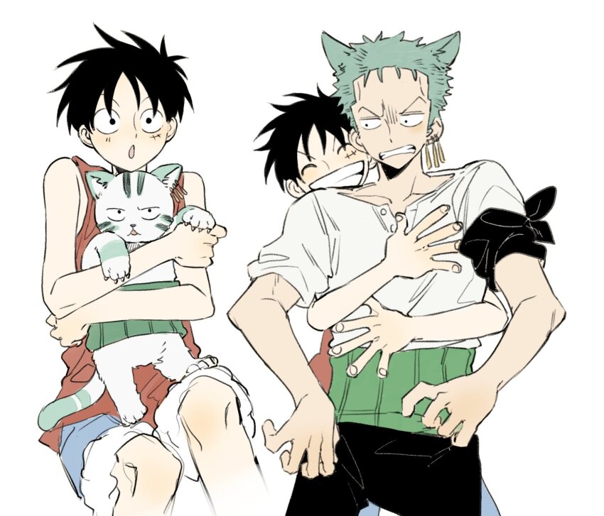 2boys animal_ears animalization bandana bandana_around_arm bare_shoulders black_bandana black_hair black_pants blue_shorts cat cat_ears closed_eyes commentary_request earrings facial_scar feet_out_of_frame fur-trimmed_shorts fur_trim gold_earrings green_hair grin haramaki highres hug hug_from_behind jewelry korean_commentary male_focus monkey_d._luffy multiple_boys norya_rmfla one_piece pants red_vest roronoa_zoro scar scar_on_cheek scar_on_face shirt short_hair shorts sitting smile vest white_background white_shirt
