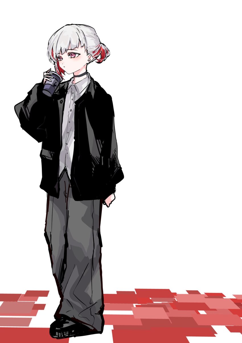 1girl black_jacket black_shoes casual collared_shirt commentary cup diagonal_bangs disposable_coffee_cup disposable_cup dress_shirt full_body grey_hair grey_pants highres holding holding_cup jacket jin_(oihlf) link!_like!_love_live! long_sleeves loose_pants love_live! multicolored_hair open_clothes open_jacket pants ponytail red_eyes red_hair shirt shoes short_hair short_ponytail simple_background solo standing streaked_hair virtual_youtuber white_background white_shirt yugiri_tsuzuri