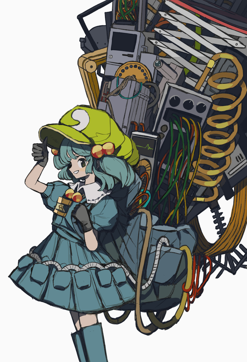 1girl absurdres apple_inc. aqua_boots aqua_hair aqua_shirt aqua_skirt backpack bag black_gloves boots cable collared_shirt computer feet_out_of_frame flat_cap frilled_shirt_collar frills from_side gloves green_hat hair_bobbles hair_ornament hand_up hat highres holding_strap hose kawashiro_nitori knee_boots looking_at_viewer machinery macintosh medium_hair medium_skirt neruzou parted_lips puffy_short_sleeves puffy_sleeves revision shirt short_sleeves short_twintails sidelocks sideways_glance simple_background skirt skirt_set smile solo standing touhou twintails white_background