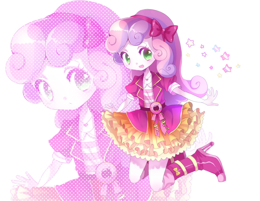 1girl boots commentary_request green_eyes hair_ribbon headband jewelry long_hair looking_at_viewer multicolored_hair my_little_pony my_little_pony:_equestria_girls my_little_pony:_friendship_is_magic necklace open_mouth outstretched_arms ribbon short_sleeves skirt smile star_(symbol) sweetie_belle sweetie_belle_(equestria_girls) torio_(tumasakisamui) yellow_skirt