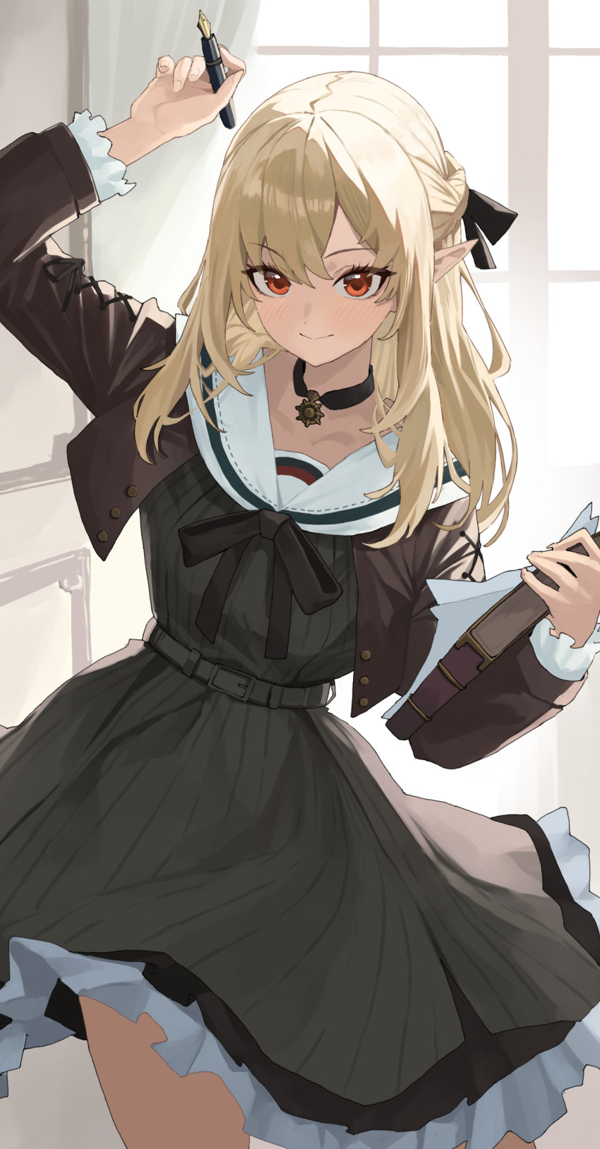 1girl art_mu black_choker blonde_hair blush book bow brown_jacket choker commentary_request curtains dress elf frilled_dress frilled_sleeves frills green_dress hair_bow highres holding holding_book holding_pen hololive jacket jewelry long_hair nib_pen_(object) pen pendant pendant_choker pinstripe_dress pinstripe_pattern pointy_ears red_eyes sailor_collar sailor_dress shiranui_flare shiranui_flare_(street) short_dress sidelocks solo striped_clothes striped_dress vertical-striped_clothes vertical-striped_dress virtual_youtuber white_sailor_collar window