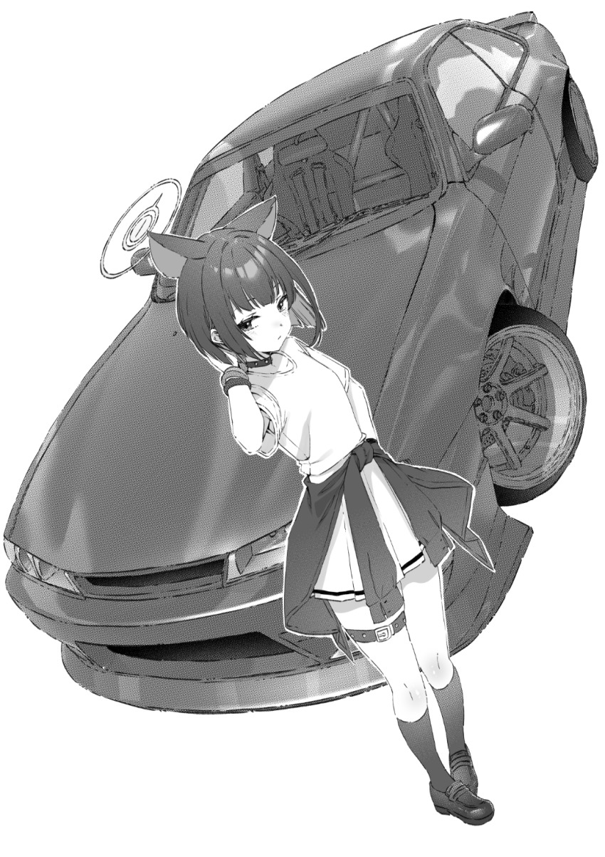 1girl animal_ears black_footwear blue_archive blunt_bangs blunt_ends car cat_ears cat_girl clothes_around_waist hand_in_own_hair highres jacket jacket_around_waist jun_project kazusa_(band)_(blue_archive) kazusa_(blue_archive) kneehighs legband medium_hair monochrome motor_vehicle nissan_silvia nissan_silvia_s14 shirt skirt socks white_shirt white_skirt