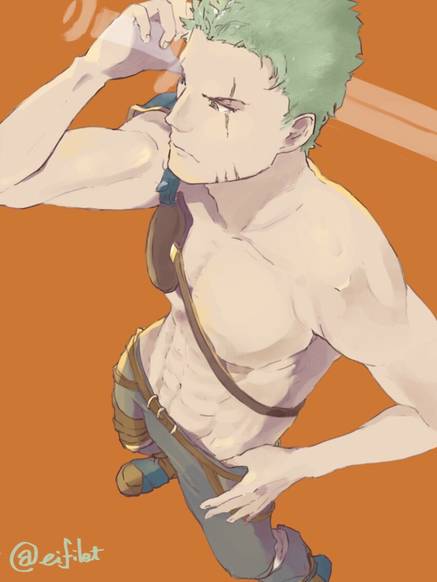 1boy abs dieck_(fire_emblem) eifilet fire_emblem fire_emblem:_the_binding_blade green_eyes green_hair highres male_focus muscular muscular_male nintendo scar scar_across_eye scar_on_face short_hair solo