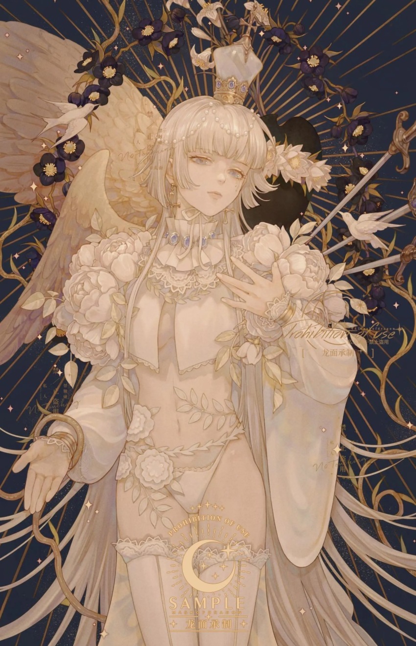 1girl angel angel_wings blue_eyes commentary_request crown earrings flower highres jewelry long_hair long_sleeves longmianbushilongxumian looking_at_viewer navel original thighhighs very_long_hair white_flower white_hair wings