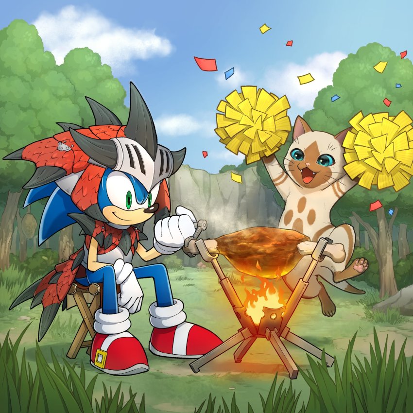 1boy animal_hands blue_fur blue_sky cat cat_paws cloud cooking fangs felyne fire food gloves grass green_eyes highres meat monster_hunter_(series) official_art open_mouth rathalos_(armor) red_footwear shoes sitting sky smile sneakers sonic_(series) sonic_frontiers sonic_the_hedgehog streamers tail whiskers white_gloves