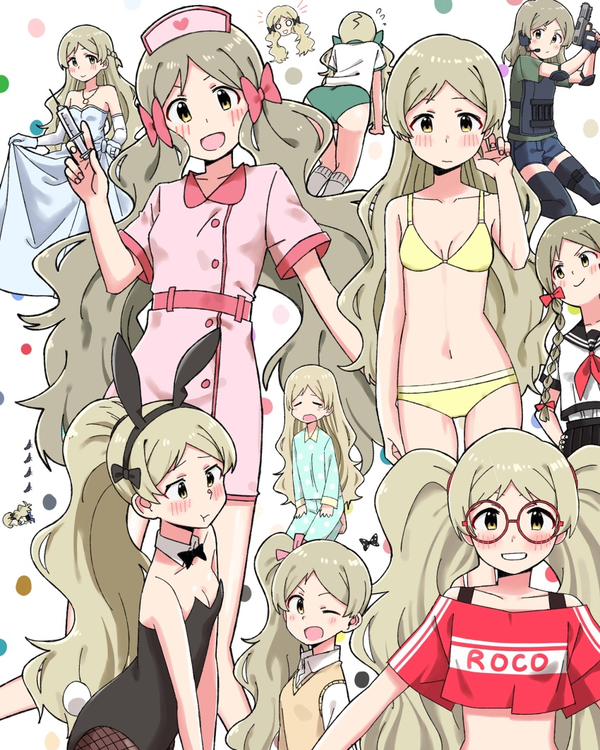 :t all_fours alternate_hairstyle animal_ears bikini billbung black_bow black_bowtie black_hairband black_leotard black_sailor_collar black_shorts black_skirt black_thighhighs blush bow bowtie braid breasts brown_vest bulletproof_vest buruma cleavage closed_mouth collarbone curtsey detached_collar dot_nose elbow_pads fake_animal_ears fake_tail fishnet_pantyhose fishnets fluffy_hair fn_five-seven green_buruma green_shirt grey_hair gun gym_shirt gym_uniform hairband handa_roco handgun hat head_only headset highres holding holding_gun holding_syringe holding_weapon idolmaster idolmaster_million_live! idolmaster_million_live!_theater_days jewelry kneeling leotard medium_hair multiple_views navel necklace nurse nurse_cap open_mouth pajamas pantyhose parted_bangs pdw-caliber_pistol playboy_bunny pleated_skirt ponytail rabbit_ears rabbit_tail sailor_collar school_uniform serafuku shirt short_sleeves shorts side_ponytail sidelocks skirt sleepy small_breasts standing swimsuit syringe tail thighhighs twin_braids twintails v-shaped_eyebrows vest wavy_hair weapon wedding white_serafuku white_shirt yellow_bikini