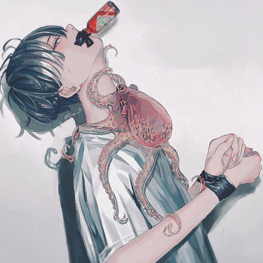 1boy blush bottle bound closed_mouth green_eyes grey_hair highres looking_at_viewer male_focus nose octopus original shirt short_hair simple_background sweatdrop tied_up_(nonsexual) unchico_unchi upper_body white_background white_shirt