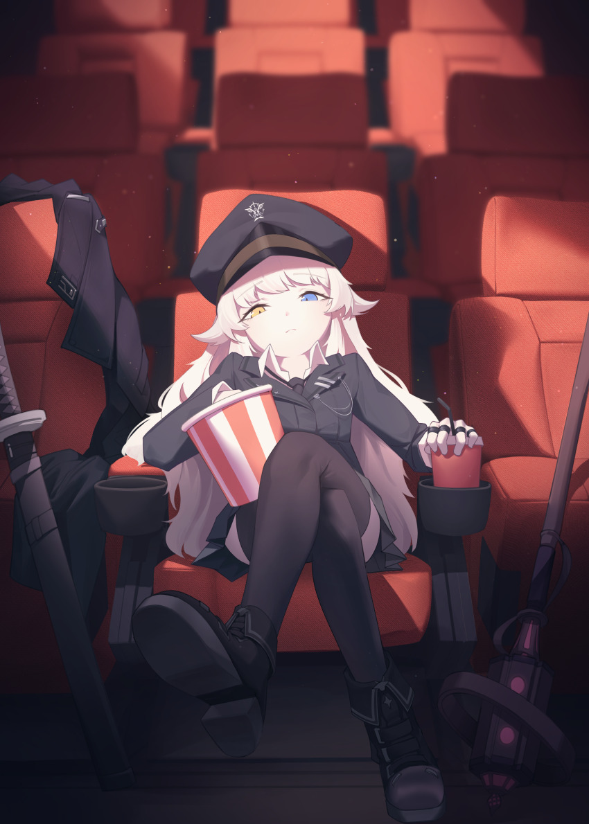 1girl absurdres artist_request black_boots black_hat black_jacket black_skirt black_thighhighs blue_eyes boots bucket chair closed_mouth commentary_request commission crossed_legs cup disposable_cup full_body hat heterochromia highres jacket korean_commentary long_hair long_sleeves looking_at_viewer movie_theater on_chair original peaked_cap second-party_source sheath sheathed sitting skirt solo sword theater_seating thighhighs weapon white_hair yellow_eyes