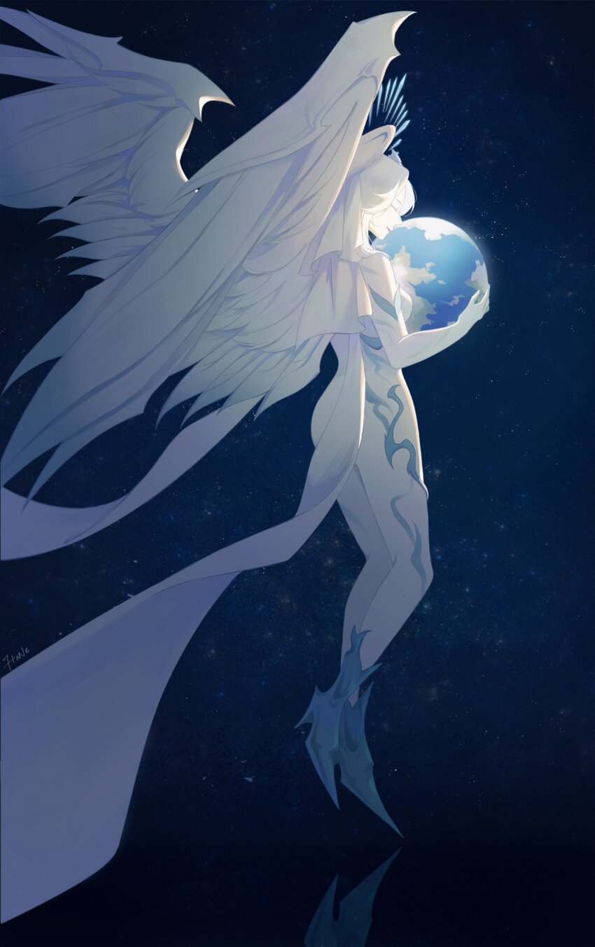 1girl blue_footwear blue_theme closed_eyes colored_skin commentary english_commentary feathered_wings final_fantasy final_fantasy_xiv floating from_behind full_body giant giantess glowing halo halo_behind_head hane_(yhane312) head_wings high_heels highres holding_planet hydaelyn medium_hair multiple_wings planet sky smile solo space star_(sky) starry_sky white_hair white_skin white_wings wings