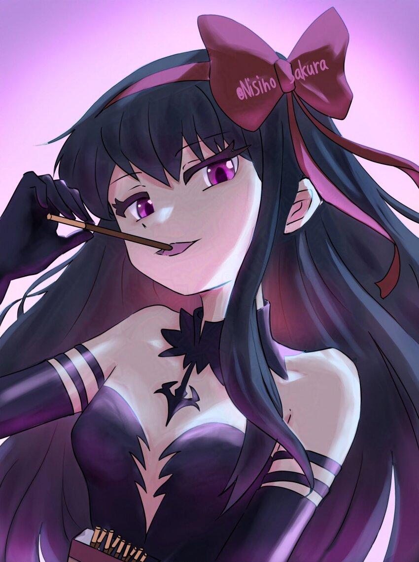 1girl akemi_homura akuma_homura artist_name black_dress black_gloves black_hair bow center_opening detached_collar dress ekakinosakura elbow_gloves food gloves gradient_background hair_bow highres holding holding_food holding_pocky long_hair looking_at_viewer mahou_shoujo_madoka_magica mahou_shoujo_madoka_magica:_hangyaku_no_monogatari open_mouth pocky purple_background red_bow solo
