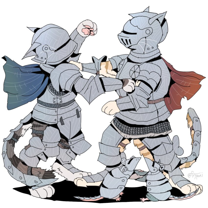 animal animal_focus armor armored_animal belt belt_buckle blue_cape breastplate brown_belt buckle cape cat chainmail commentary ears_back english_commentary faulds fighting floating_cape fryprai full_armor full_body gauntlets helm helmet highres knight leg_armor mouse_(animal) multiple_cats no_humans original pauldrons paw_up pawpads red_cape shadow shoulder_armor simple_background sword torn_cape torn_clothes weapon weapon_on_back whiskers white_background