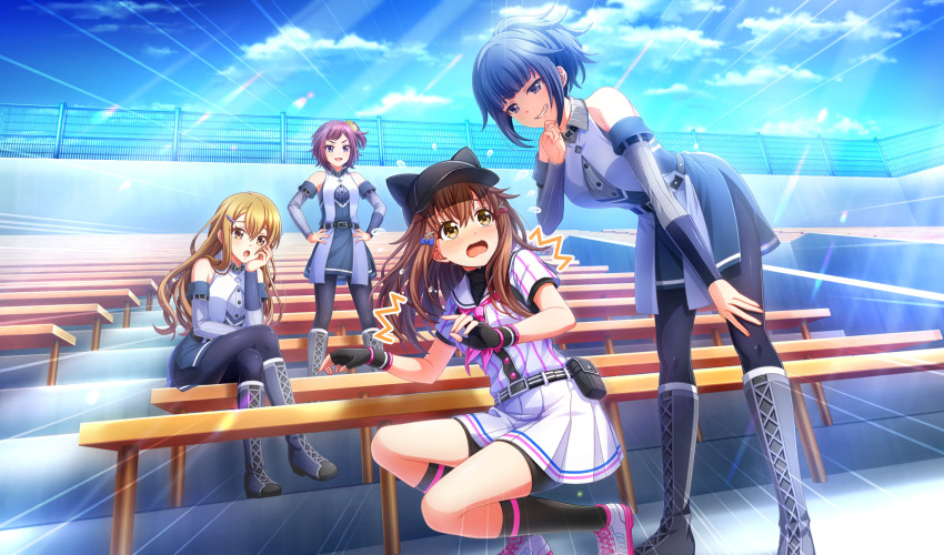 4girls ^^^ animal_hat baseball_cap baseball_stadium baseball_uniform belt belt_buckle belt_pouch bike_shorts_under_skirt black_belt black_gloves black_hat black_pantyhose black_pouch black_shorts black_socks black_undershirt blonde_hair blue_bow blue_hair blunt_bangs boots bow brown_eyes brown_hair buckle cat_hat cinderella_series cloud crossed_legs detached_sleeves dress dutch_angle emphasis_lines eye_contact fingerless_gloves flying_sweatdrops full_body game_cg gloves grey_footwear grin hachigatsu_no_cinderella_nine hair_between_eyes hair_bow hair_ornament hairclip hand_on_own_cheek hand_on_own_chin hand_on_own_face hand_on_own_knee hands_on_own_hips hat high_ponytail highres kamabe_chiaki light_rays long_hair looking_at_another looking_back multicolored_dress multiple_girls neckerchief non-web_source official_art on_bench one_side_up oowada_sachi open_mouth outdoors pantyhose pink_neckerchief pleated_skirt ponytail pouch purple_hair red_bow sagara_yoshino satogahama_baseball_uniform shirt shirt_under_shirt shoes short_hair short_sleeves shorts sitting skirt sky smile sneakers socks sportswear squatting standing striped_belt striped_clothes striped_shirt sunbeam sunlight ukita_akane v-shaped_eyebrows vertical-striped_clothes vertical-striped_shirt wristband