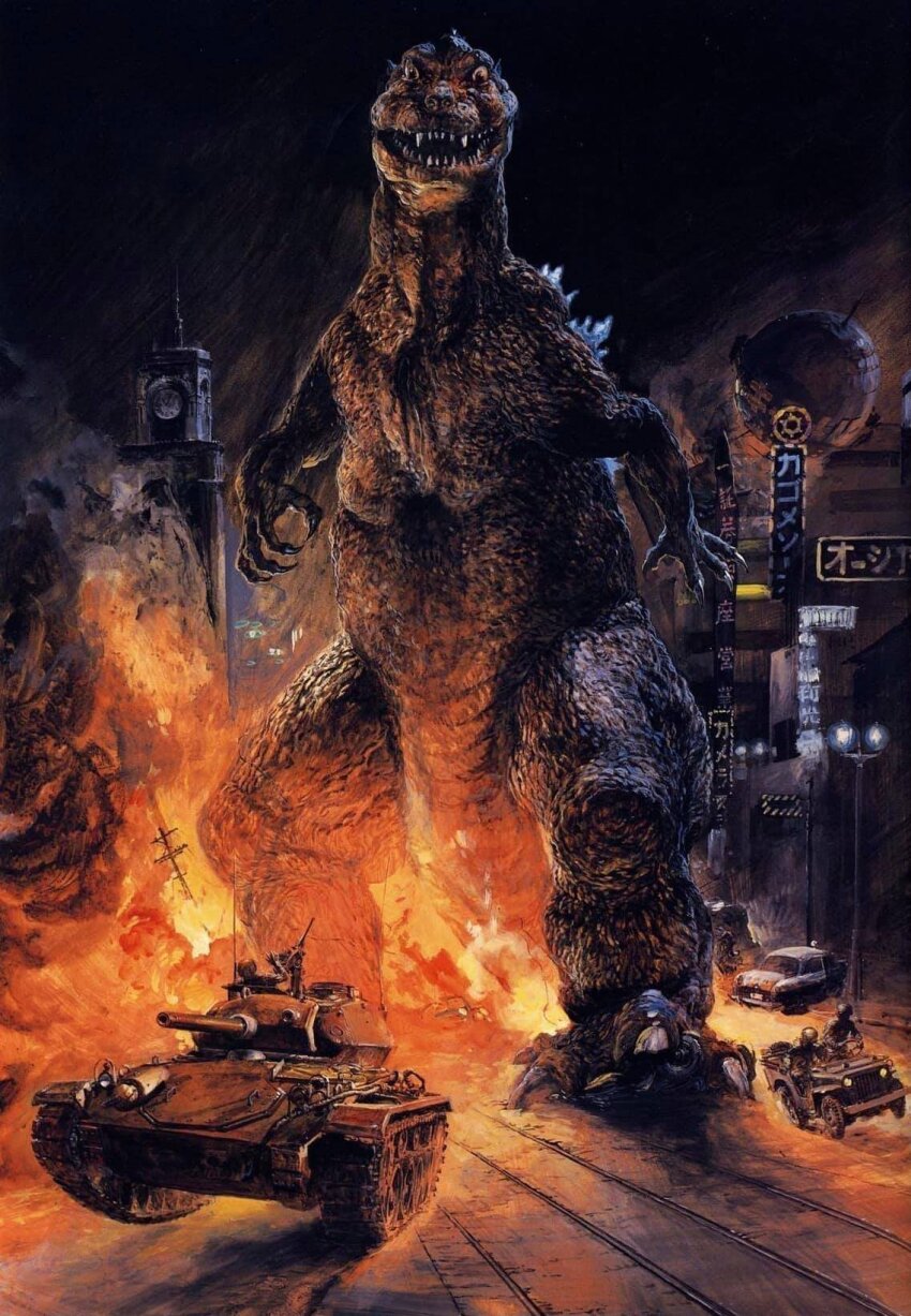 3boys browning_m2 building car city claws clock clock_tower destruction dinosaur explosion fangs fire footprints full_body giant giant_monster godzilla godzilla_(1954) godzilla_(series) gun heavy_machine_gun helmet highres japan_self-defense_force japanese_text kaiju looking_at_viewer looking_down m24_chaffee machine_gun military military_jeep military_uniform military_vehicle monster motor_vehicle multiple_boys neon_lights night pointy_ears police_car power_lines real_world_location road sharp_teeth sign smoke spikes tail takani_yoshiyuki tank teeth toho tokyo_(city) tower train_tracks wako_(department_store) wako_clock_tower weapon