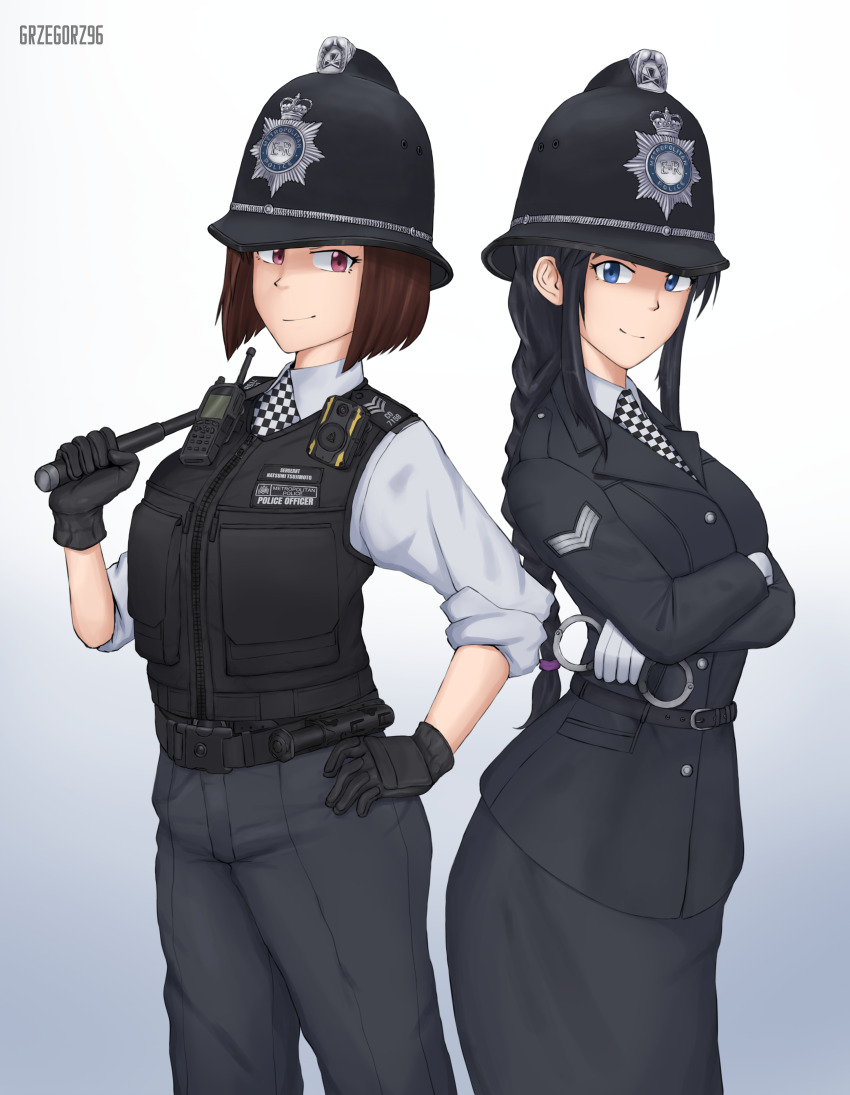 2girls absurdres baton_(weapon) belt black_belt black_gloves black_hair black_pants black_skirt black_tunic black_vest blue_eyes body_cam bow braid brown_eyes brown_hair checkered_necktie chevron_(symbol) commission commissioner_upload crossed_arms cuffs custodian_helmet epaulettes facing_viewer from_side gloves grzegorz1996 hair_bow hand_on_own_hip handcuffs hat helmet highres holding holding_weapon kobayakawa_miyuki long_hair metropolitan_police_service multiple_girls necktie pants police police_hat police_uniform policewoman ponytail pouch revision shirt short_hair simple_background skirt sleeves_rolled_up smile taiho_shichauzo tsujimoto_natsumi tunic united_kingdom vest walkie-talkie watermark weapon white_gloves white_shirt
