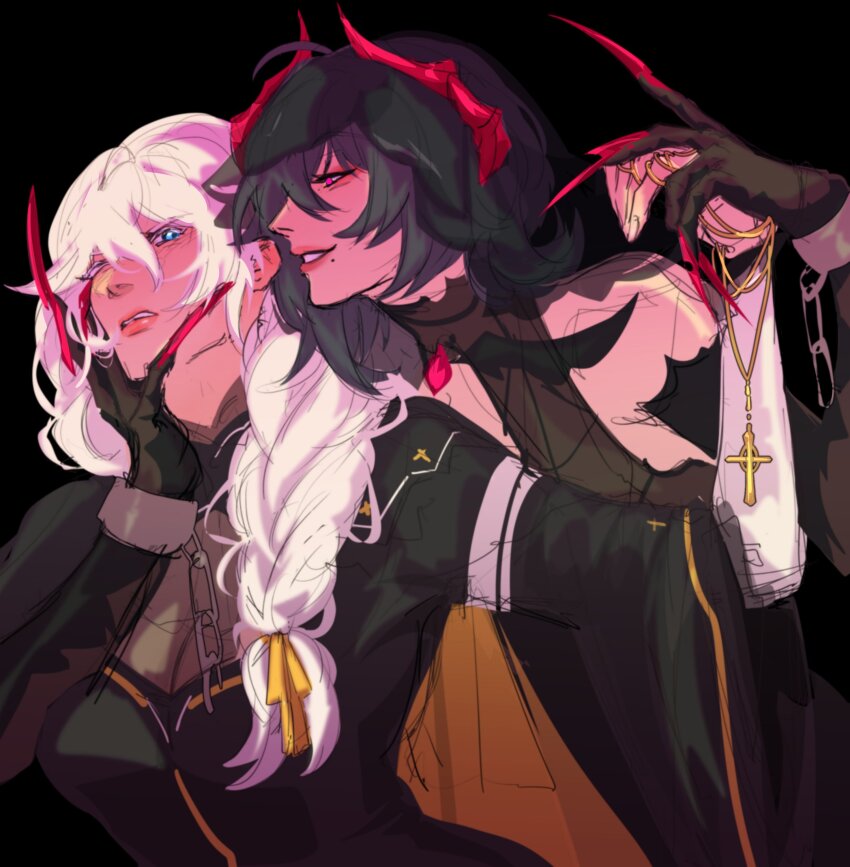 2girls absurdres amber_(honkai_impact) black_dress blue_eyes braid cellysticks claw_ring commentary cross cross_necklace dress english_commentary grey_hair hair_over_shoulder hair_ribbon hand_on_another&#039;s_face highres holding holding_jewelry holding_necklace honkai_(series) honkai_impact_3rd horns jewelry long_hair mole mole_under_mouth multiple_girls necklace one_eye_closed raven_(honkai_impact) red_eyes red_horns ribbon short_hair single_braid smile white_hair yellow_ribbon yuri